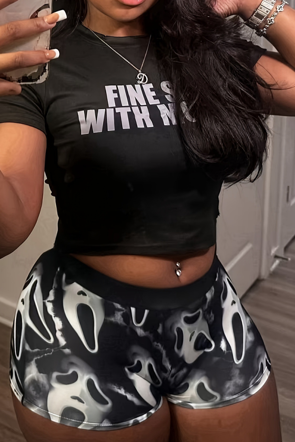 Black Letter Print O Neck Short Sleeve Crop Tops And Draw String Shorts Casual Two Pieces Shorts Sets