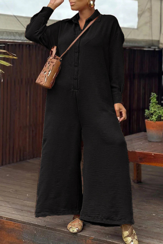 Yellow Green Turndown Collar Long Sleeve Buttons Casual Vacation Wide Leg Jumpsuits