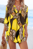 Blue Geometric Print V Neck Long Sleeve Draw String Casual Vacation Blouse