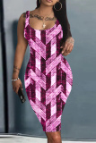 Blue Graphics Print Sleeveless U Neck Knee Length Casual Outing Bodycon Vest Midi Dress