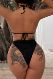 Black Metal Accessories Trim Cross Straps Backless Belted One Piece Swimsuit Vacation Beach Swimwears