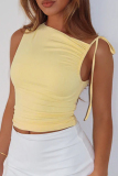 Black Sleeveless Oblique Collar Lace Up Irregular Crop Tops