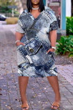 Blue Khaki Casual Faux Denim Print V Neck Short Sleeve Loose Pockets Midi T-Shirt Dress