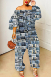 Blue Graphics Print Off Shoulder Long Sleeve Casual Vacation Harem Leg Jumpsuits