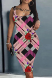 Blue Graphics Print Sleeveless U Neck Knee Length Casual Outing Bodycon Vest Midi Dress
