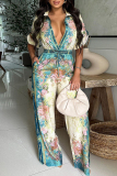 Light Blue Floral Print V Neck Short Sleeve Casual Vacation Wide Leg Jumpsuits