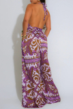 Blue Boho Graphics Print Sleeveless Backless Belted Casual Vacation Halter Wide Leg Jumpsuits