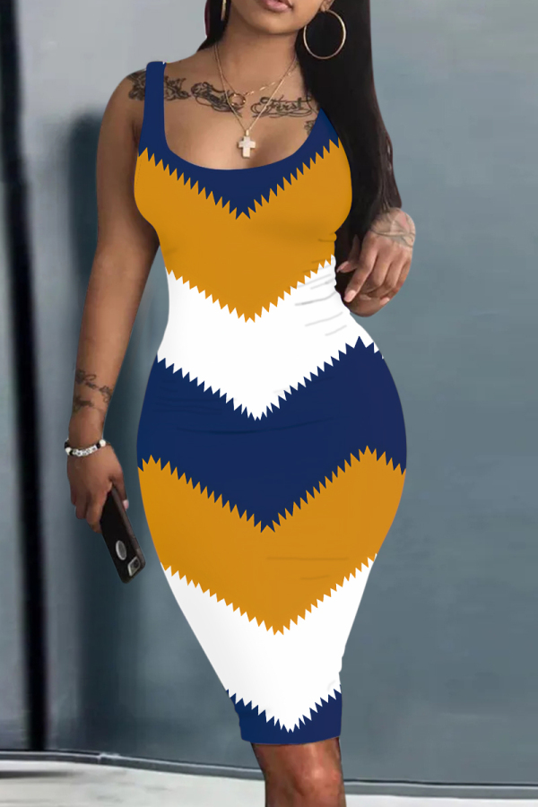 Earthy Yellow Graphics Print Sleeveless U Neck Knee Length Casual Outing Bodycon Vest Midi Dress