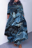 Blue Khaki Faux Denim Print O Neck 3/4 Sleeve Belted Pockets Long Vacation Casual Pleated A Line Maxi Dresses