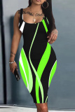 Blue Graphics Print Sleeveless U Neck Knee Length Casual Outing Bodycon Vest Midi Dress