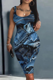 Navy Blue Graphics Print Sleeveless U Neck Knee Length Casual Outing Bodycon Vest Midi Dress