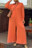 Yellow Green Turndown Collar Long Sleeve Buttons Casual Vacation Wide Leg Jumpsuits