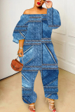 Blue Faux Denim Print Off Shoulder Long Sleeve Casual Vacation Harem Leg Jumpsuits
