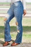 Blue Mid Waist Casual Distressed Ripped Denim Jeans