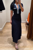 Navy Blue Colorblock O Neck Short Sleeve Buttons Vacation Maxi Dress