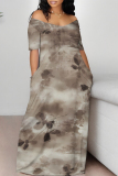 Light Gray Floral Print V Neck Short Sleeve Pocket Plus Size Loose Straight Maxi Dresses