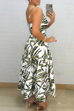 Green Leaf Print Sleeveless Ruffle Hem Vacation Maxi Slip Dresses