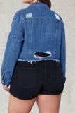 Medium Blue Turndown Collar Buttons Casual Plus Size Ripped Crop Denim Jacket