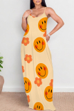 Light Yellow Graffiti Print Sleeveless O Neck Casual Vacation Baggy Sundress Maxi Slip Dresses