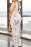 Light Pink Floral Print Sleeveless O Neck Long Casual Vacation Bodycon Maxi Tank Dresses