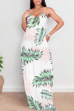White Flowers Heart Shaped Leaf Print Sleeveless O Neck Casual Vacation Baggy Sundress Maxi Slip Dresses