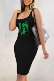 Black Colorblock Letter Print Sleeveless U Neck Wrapped Skirt Bodycon Midi Tank Dresses