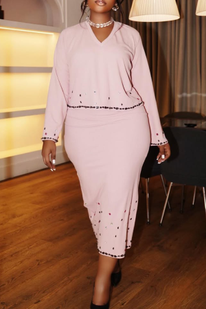 Pink Hot Drill V Neck Long Sleeve Tops And Slit Maxi Skirt Formal Office Lady Two Pieces Dress Sets