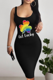 Black Colorblock Letter Print Sleeveless U Neck Wrapped Skirt Bodycon Midi Tank Dresses