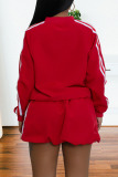 Red Stripe Print Long Sleeve Jackets And Shorts Sportwear Casual Two Pieces Shorts Sets