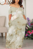 Light Gray Floral Print V Neck Short Sleeve Pocket Plus Size Loose Straight Maxi Dresses
