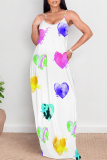 White Flowers Heart Shaped Leaf Print Sleeveless O Neck Casual Vacation Baggy Sundress Maxi Slip Dresses