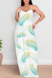 White Flowers Heart Shaped Leaf Print Sleeveless O Neck Casual Vacation Baggy Sundress Maxi Slip Dresses