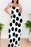 White Polka Dot Print Sleeveless O Neck Casual Vacation Baggy Sundress Maxi Slip Dresses