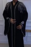 Black Hot Drill V Neck Flare Sleeve Casual Loose Vacation Kaftan Maxi Dress