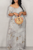 Light Gray Floral Print V Neck Short Sleeve Pocket Plus Size Loose Straight Maxi Dresses