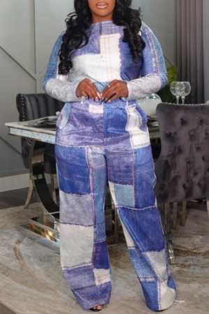 Blue Graphcis Print O Neck Long Sleeve Blouse And Wide Leg Pants Casual Two Pieces Trouser Sets
