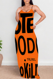 Dark Green Letter Print Sleeveless O Neck Casual Vacation Baggy Sundress Maxi Slip Dresses