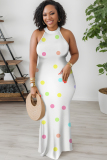 Color Polka Dot Print O Neck Sleeveless Vaction Bodycon Maxi Dress