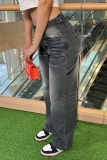 Grey Mid Waist Pocket Straight Casual Distressed Wide Leg Denim Jeans