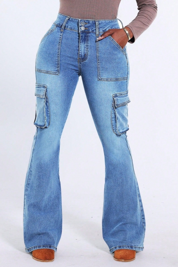 Light Blue Mid Waist Pocket Casual Distressed Flare Leg Denim Jeans