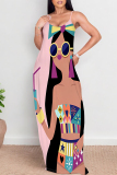Pink Cartoon Print Sleeveless O Neck Casual Vacation Baggy Sundress Maxi Slip Dresses