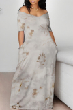 Light Gray Floral Print V Neck Short Sleeve Pocket Plus Size Loose Straight Maxi Dresses