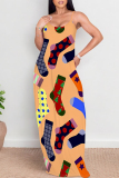 Light Yellow Graffiti Print Sleeveless O Neck Casual Vacation Baggy Sundress Maxi Slip Dresses