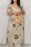 Light Gray Floral Print V Neck Short Sleeve Pocket Plus Size Loose Straight Maxi Dresses