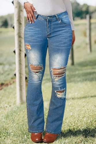 Blue Mid Waist Casual Distressed Ripped Denim Jeans