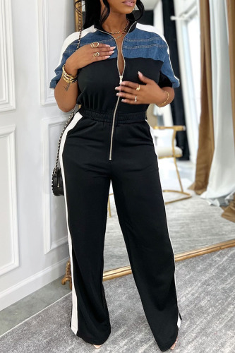 Black Zipper Collar Short Sleeve Denim Patchwork Casual Sportwear Wide Leg Jumpsuits Black Zipper Collar Short Sleeve Denim Patchwork Casual Sportwear Wide Leg Jumpsuits
