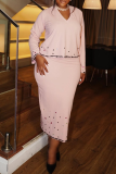 Pink Hot Drill V Neck Long Sleeve Tops And Slit Maxi Skirt Formal Office Lady Two Pieces Dress Sets