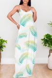 White Flowers Heart Shaped Leaf Print Sleeveless O Neck Casual Vacation Baggy Sundress Maxi Slip Dresses