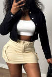 Black Turndown Collar Long Sleeve Buttons Casual Crop Denim Jacket
