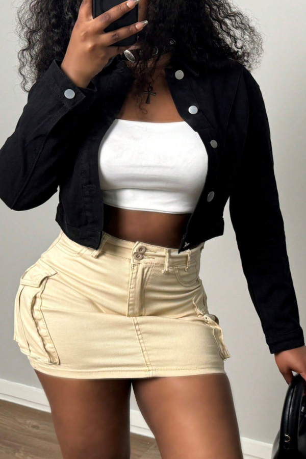 Black Turndown Collar Long Sleeve Buttons Casual Crop Denim Jacket